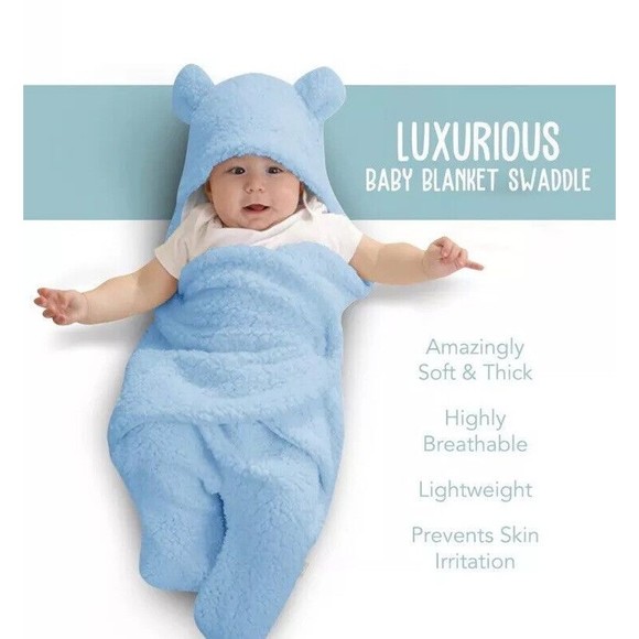 Blue Mello Blue Fluffy Sherpa Baby Swaddle Wrap 22" x 11" NEW in box Gift Ready - Picture 8 of 11